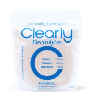 Verpakking Clearly Electrolytes met 1000mg natrium, 667mg kalium en 100mg magnesium per portie, 60 servings, suikervrij
